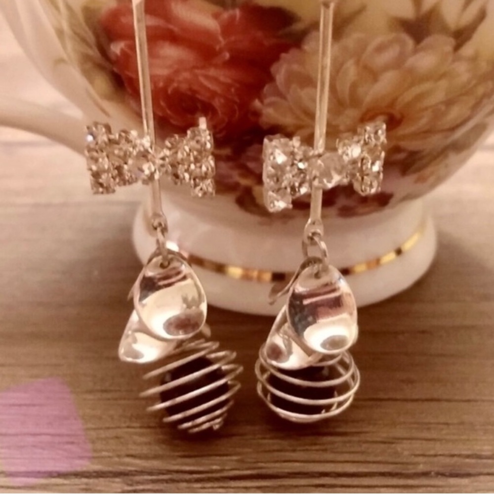 Crystal Bow Silver Dangle Earrings